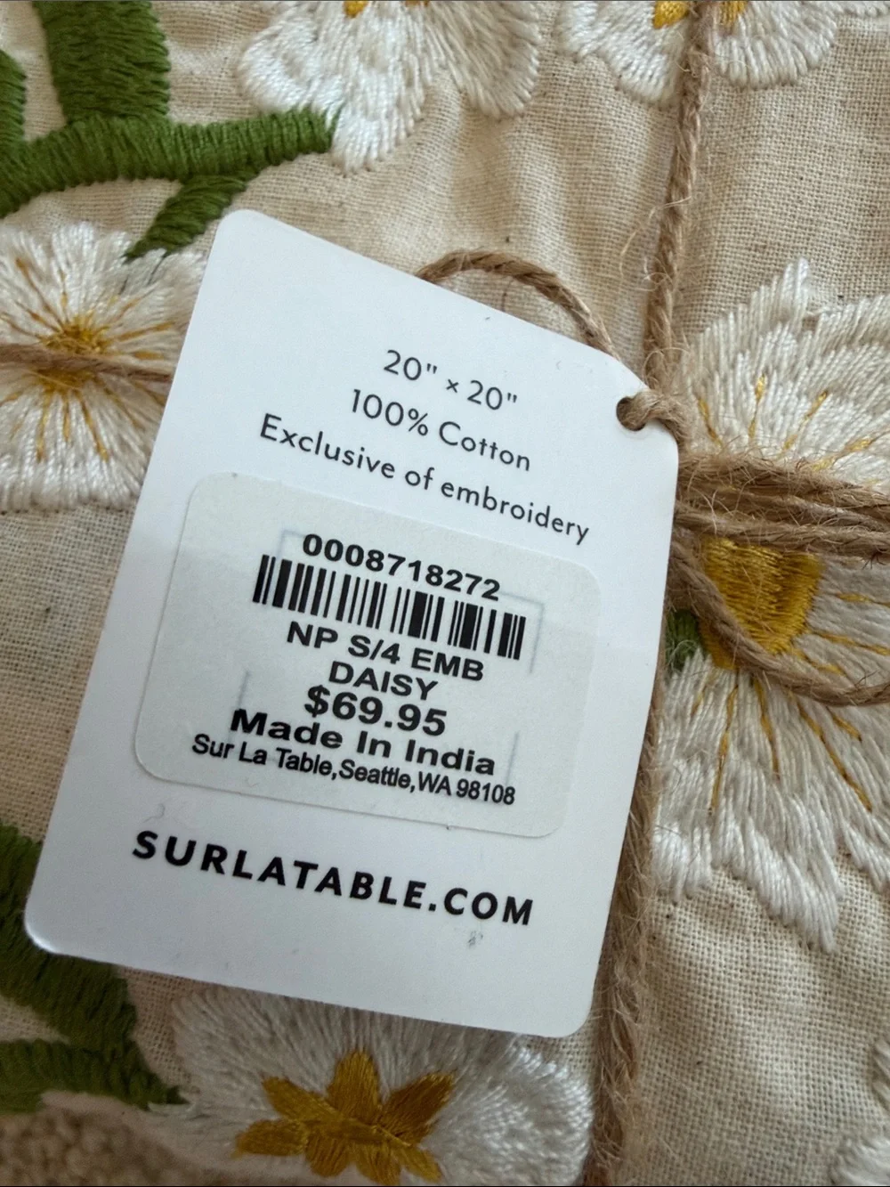 Sur La Table Cream Napkins with White Daisies and Yellow Centers